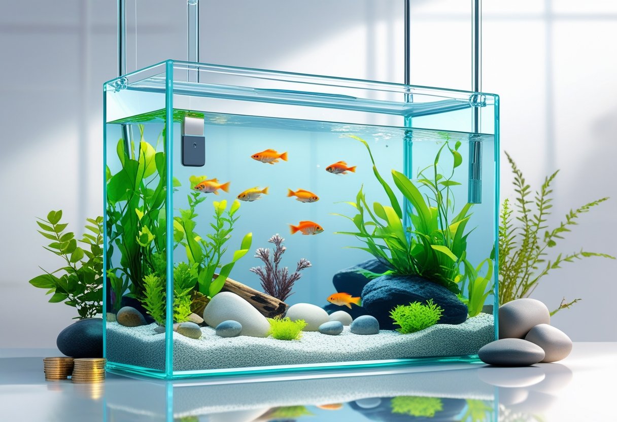 A clear glass aquarium filled with colourful fish, plants, and natural decorations, placed in a clean, well-lit setting.