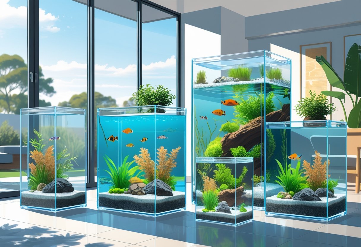 Several clear acrylic aquariums with colourful fish and plants displayed in a bright Australian home with natural light.