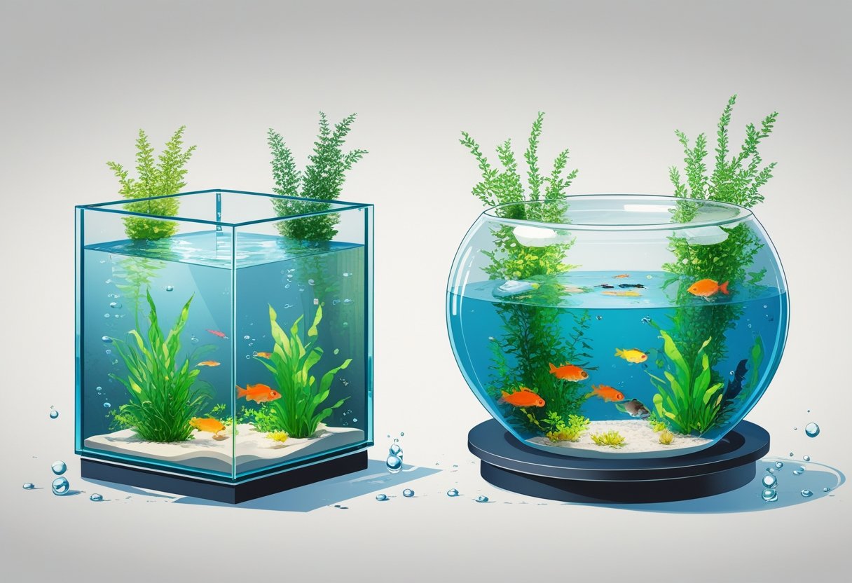 Two glass fish tanks side by side, one square and one circular, each filled with fish and aquatic plants.