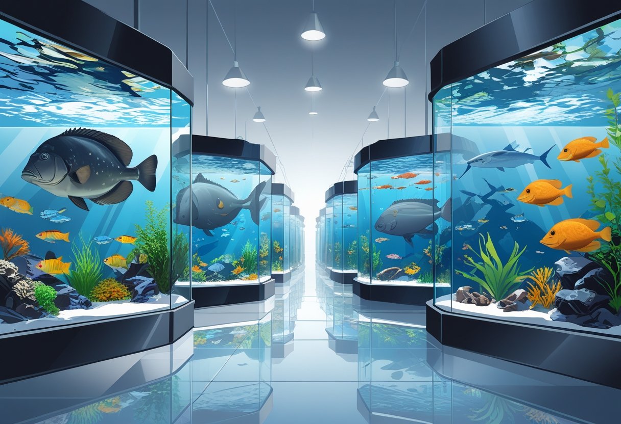 A series of large fish tanks filled with various colourful fish and underwater plants, showing different sizes of tanks in a well-lit aquarium setting.