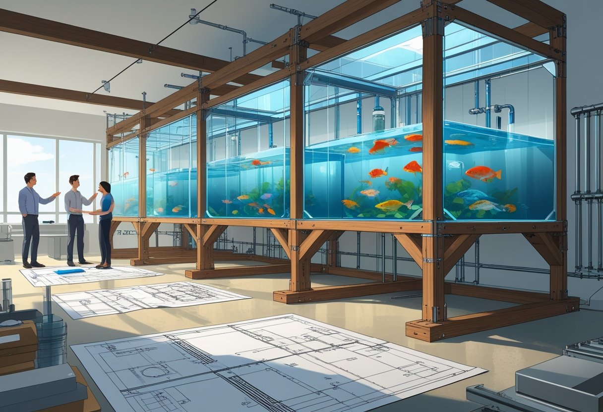 A room with large fish tanks supported by metal and wooden structures, with people examining blueprints nearby.